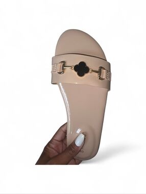 Women’s Nude Patent Slide Sandal with Gold Accent